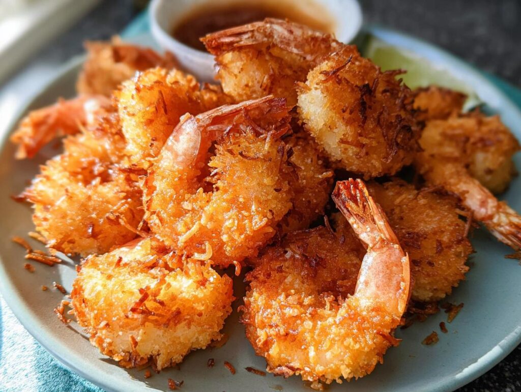 A plate of golden-brown crispy coconut shrimp, one of the 7 genius shrimp recipes for busy weeknights.