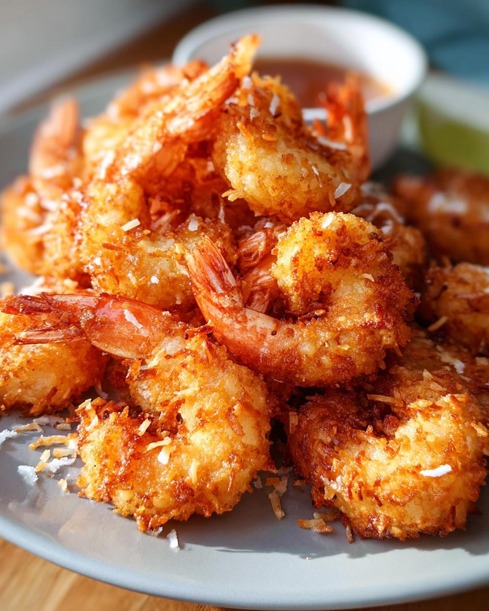 A pile of golden-brown, crispy coconut shrimp served on a grey plate, with a small bowl of dipping sauce in the background.