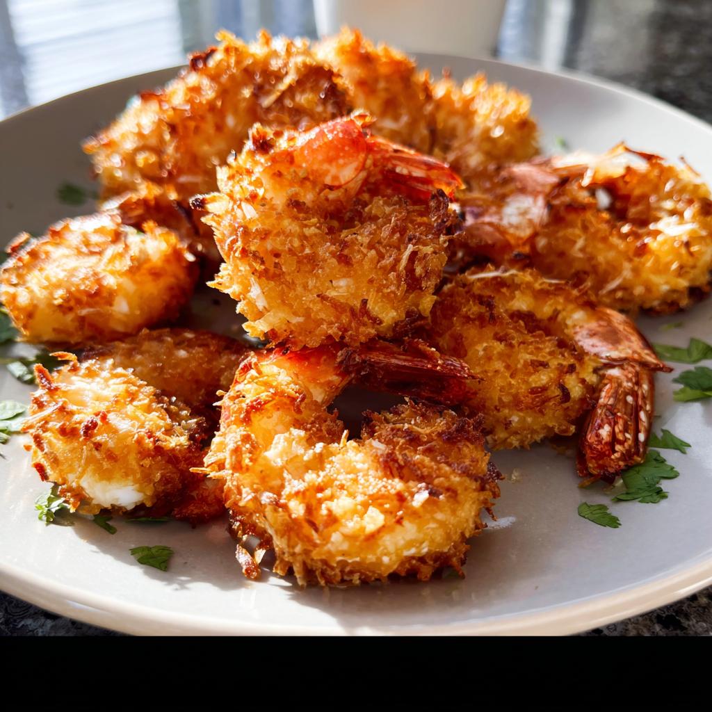 A plate of golden-brown crispy coconut shrimp, a delicious shrimp recipe, garnished with parsley.