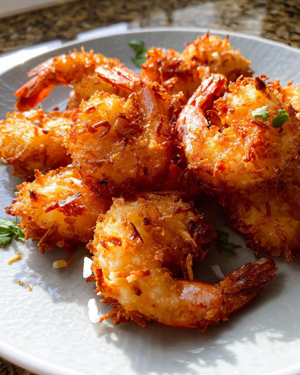 Close-up of golden-brown crispy coconut shrimp piled on a light grey plate, a perfect addition to shrimp recipes.