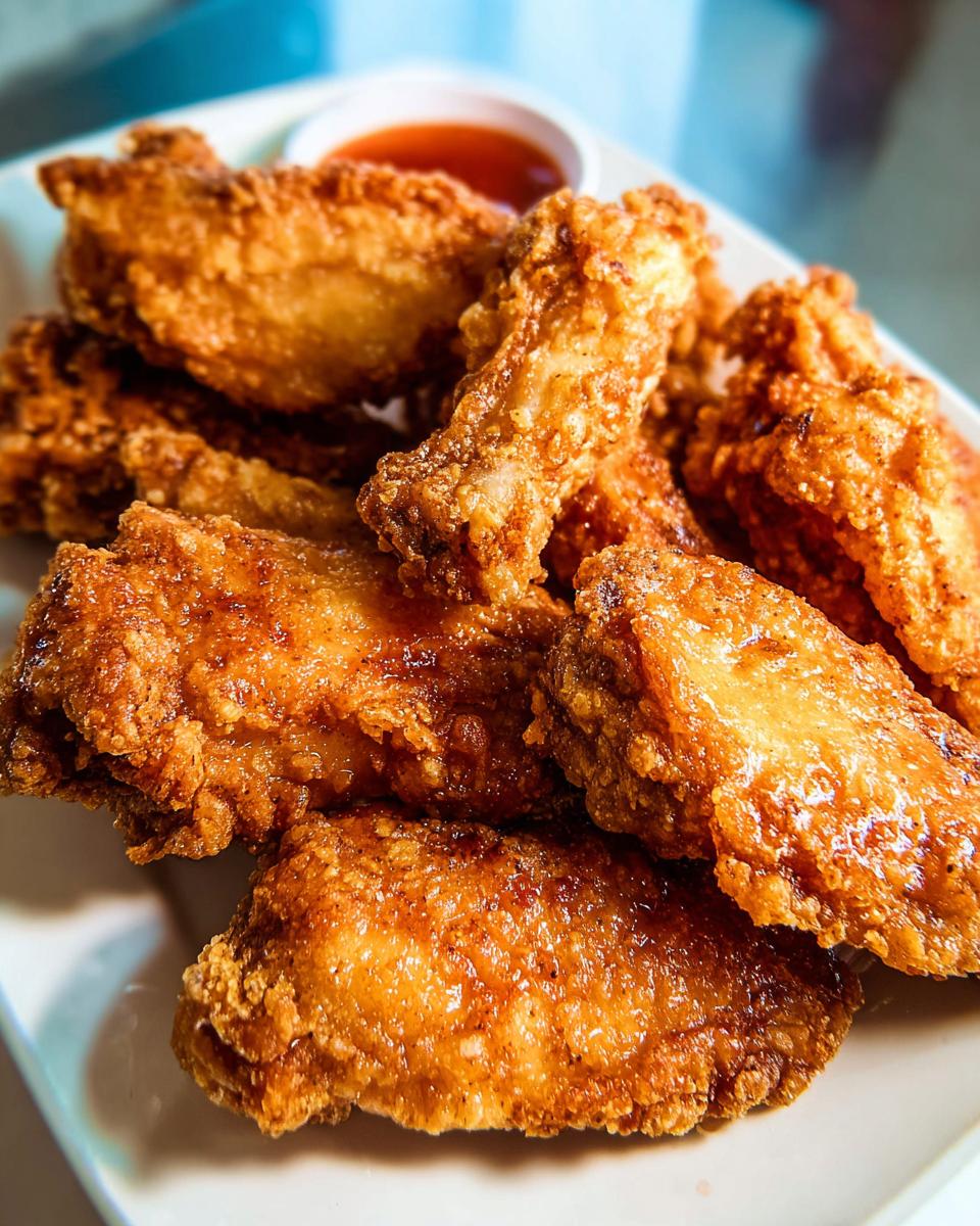 A close-up of a plate piled high with golden-brown, crispy fried chicken wings, served with a small dish of dipping sauce.