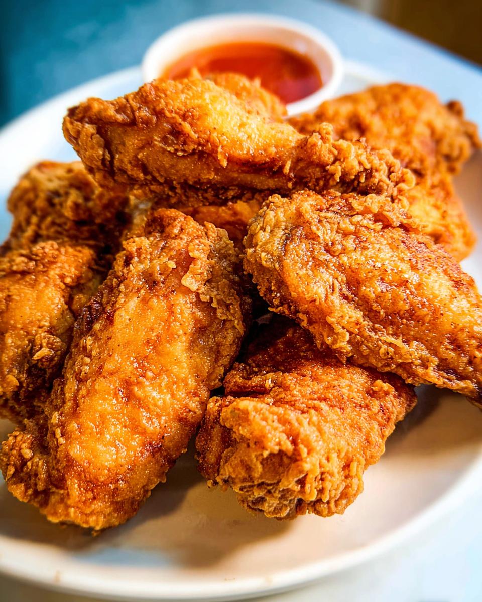 A pile of golden-brown, crispy fried chicken wings served with a side of dipping sauce.