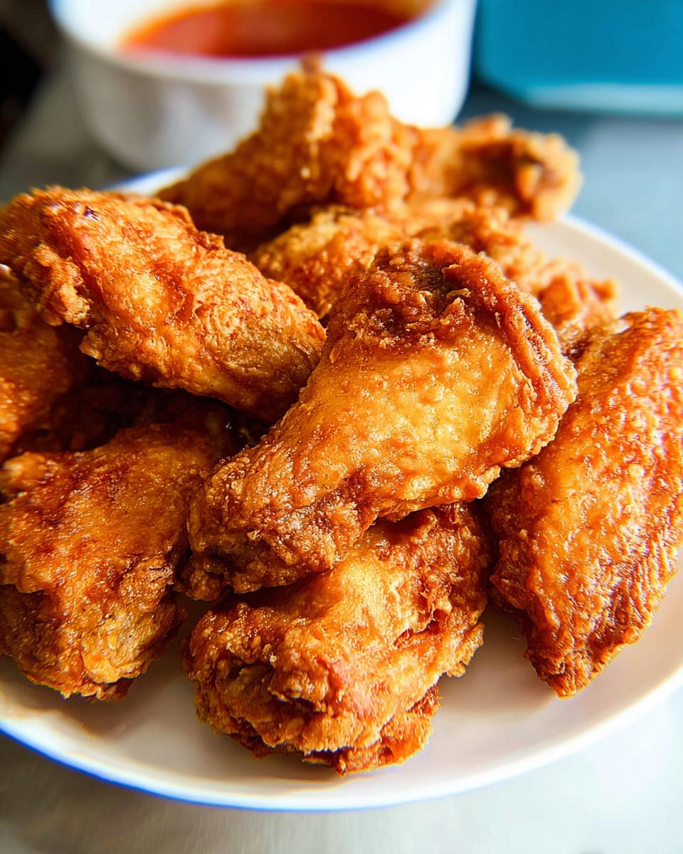 A close-up of a pile of golden-brown, crispy fried chicken wings on a white plate, ready to be enjoyed.