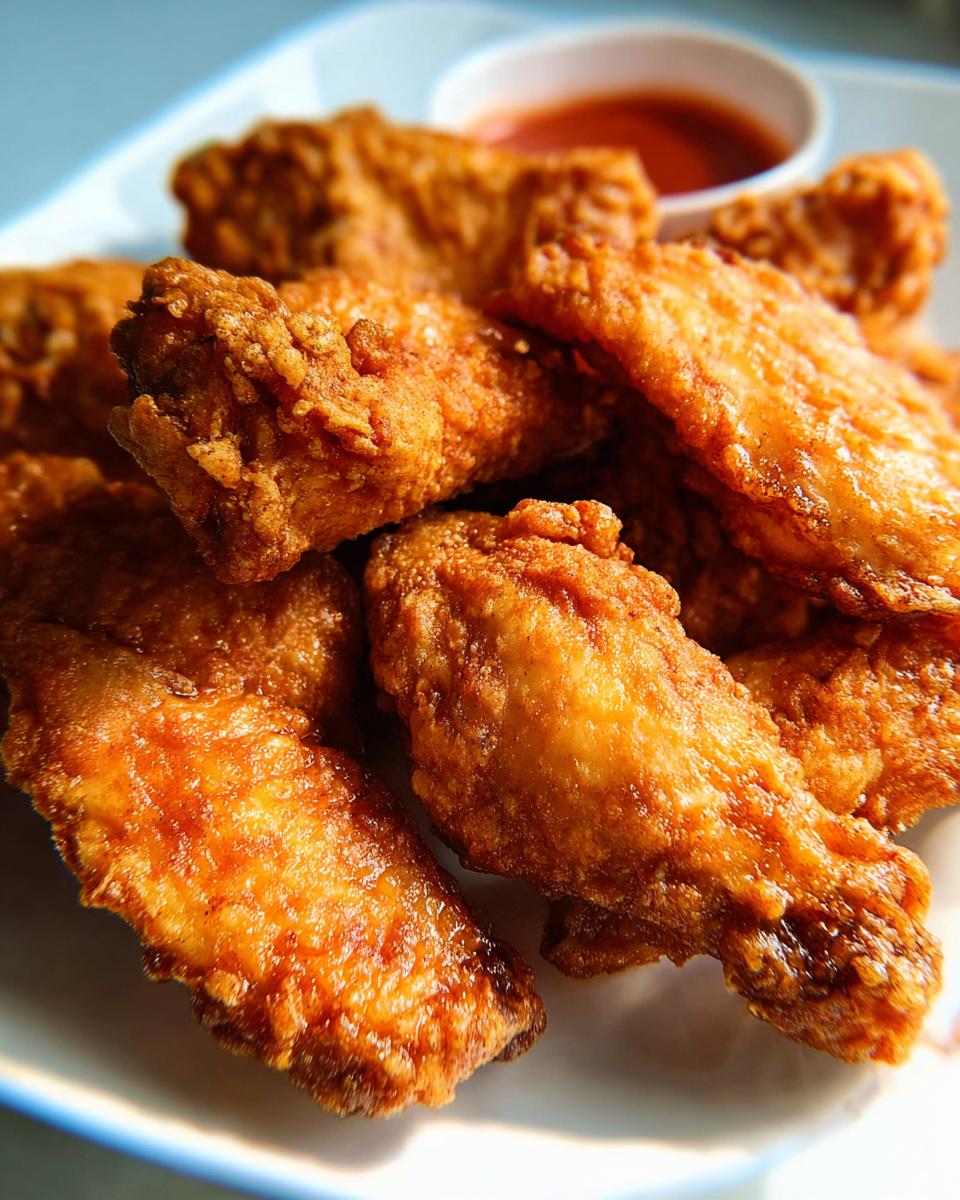 A close-up of golden-brown, crispy fried chicken wings served with a small bowl of dipping sauce.