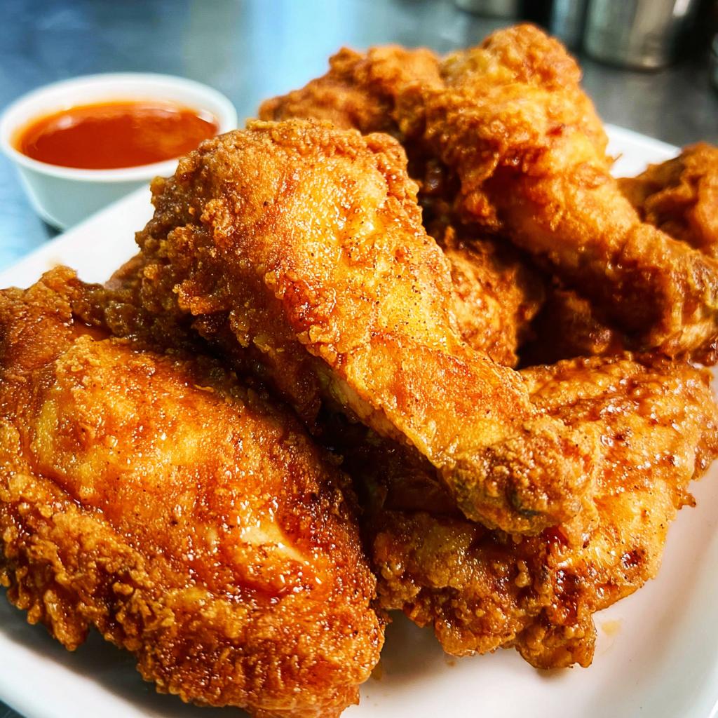 A close-up of golden-brown, crispy fried chicken wings served on a white plate with a small dish of dipping sauce.