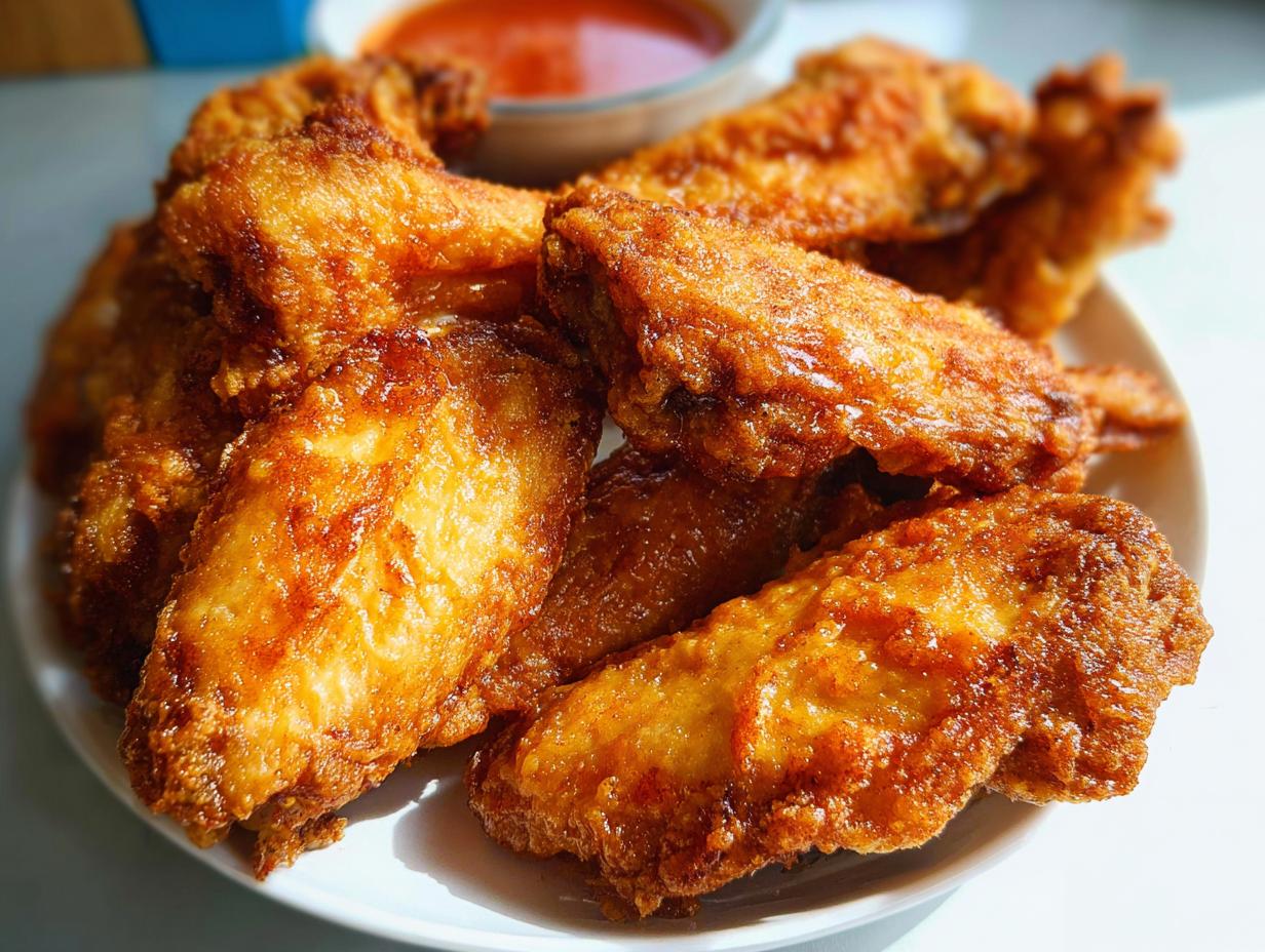 A plate piled high with golden brown, crispy fried chicken wings, ready to be dipped in sauce.