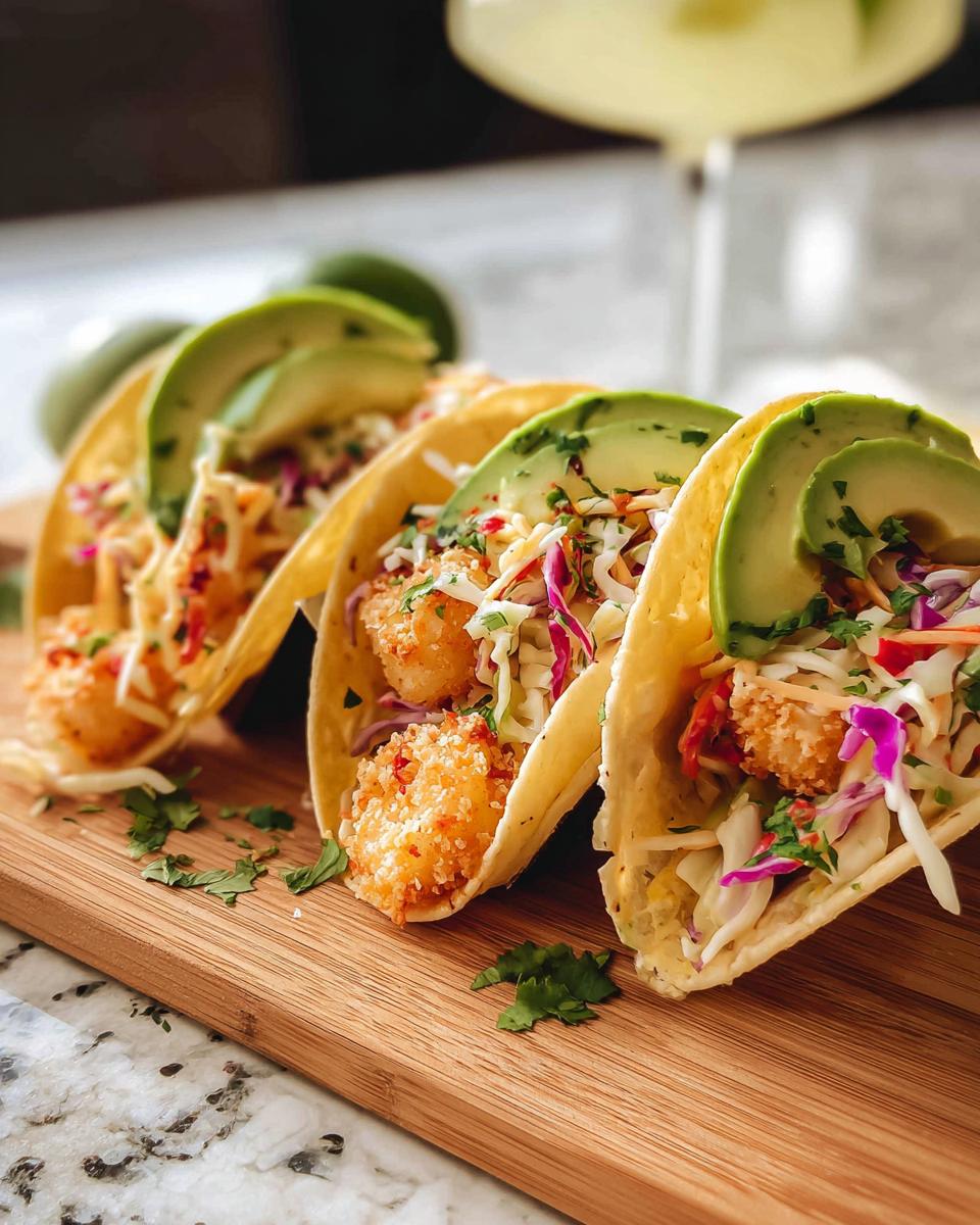 Three crispy shrimp tacos topped with avocado slices, coleslaw, and cilantro. A quick and delicious shrimp recipe.