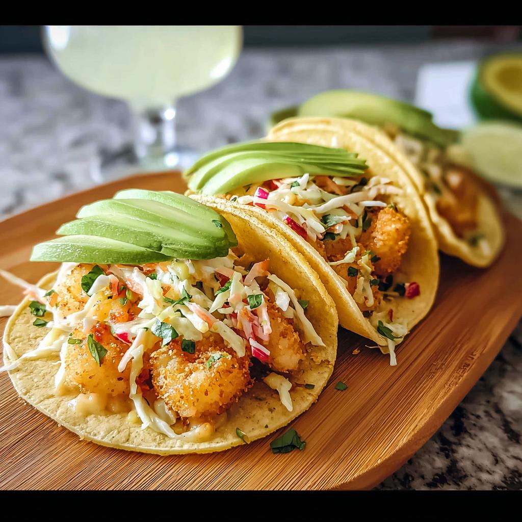 Three crispy shrimp tacos topped with slaw and avocado slices, part of quick shrimp recipes.