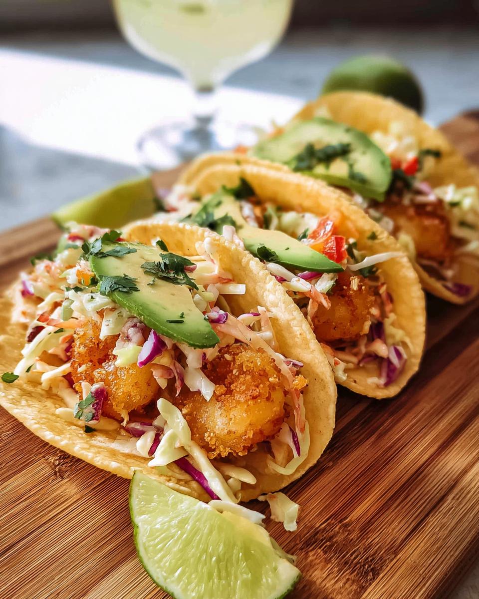 Three crispy shrimp tacos topped with avocado, coleslaw, and cilantro, served with lime wedges.