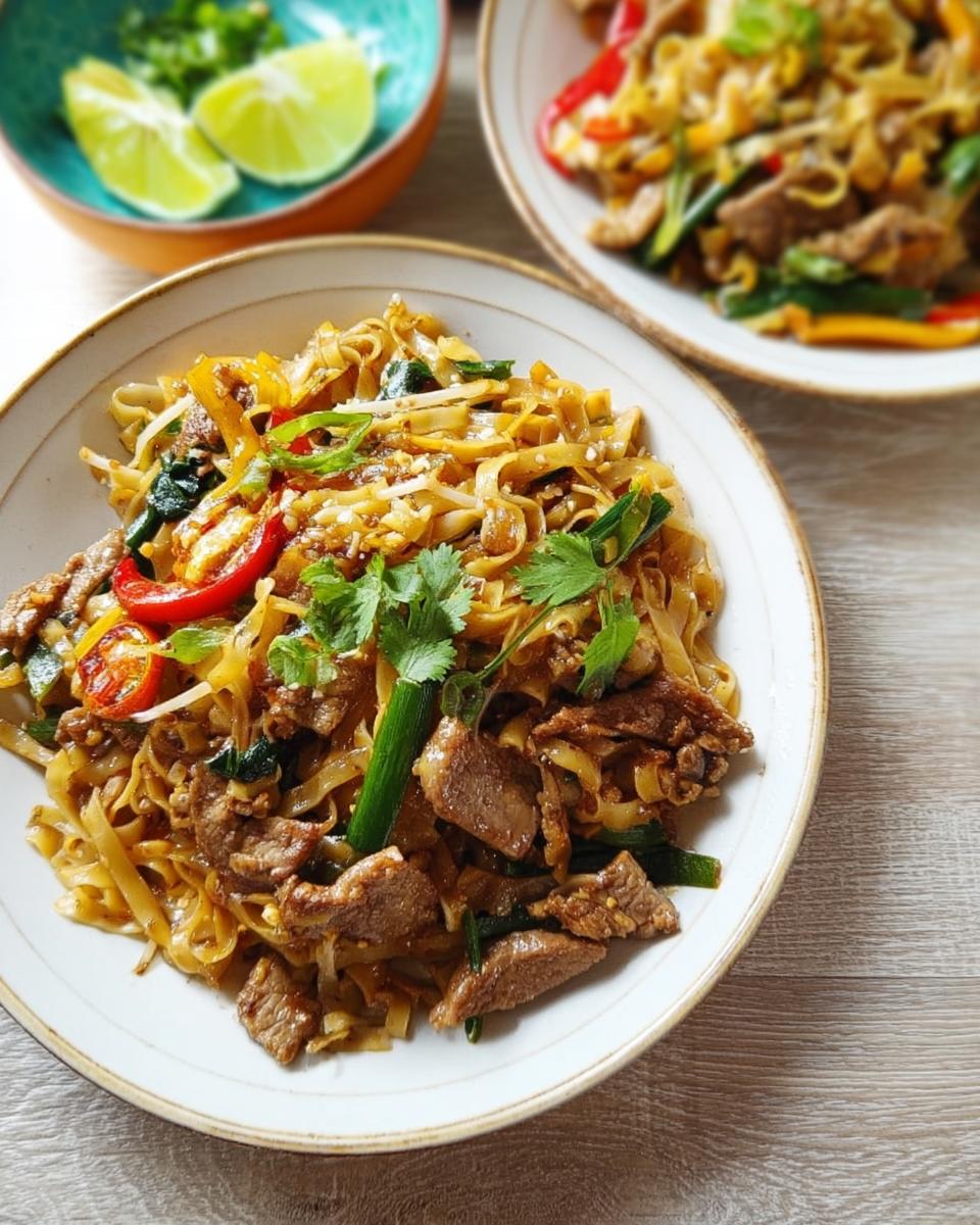 A delicious plate of beef Pad Thai noodles with vegetables, garnished with cilantro and green onions.