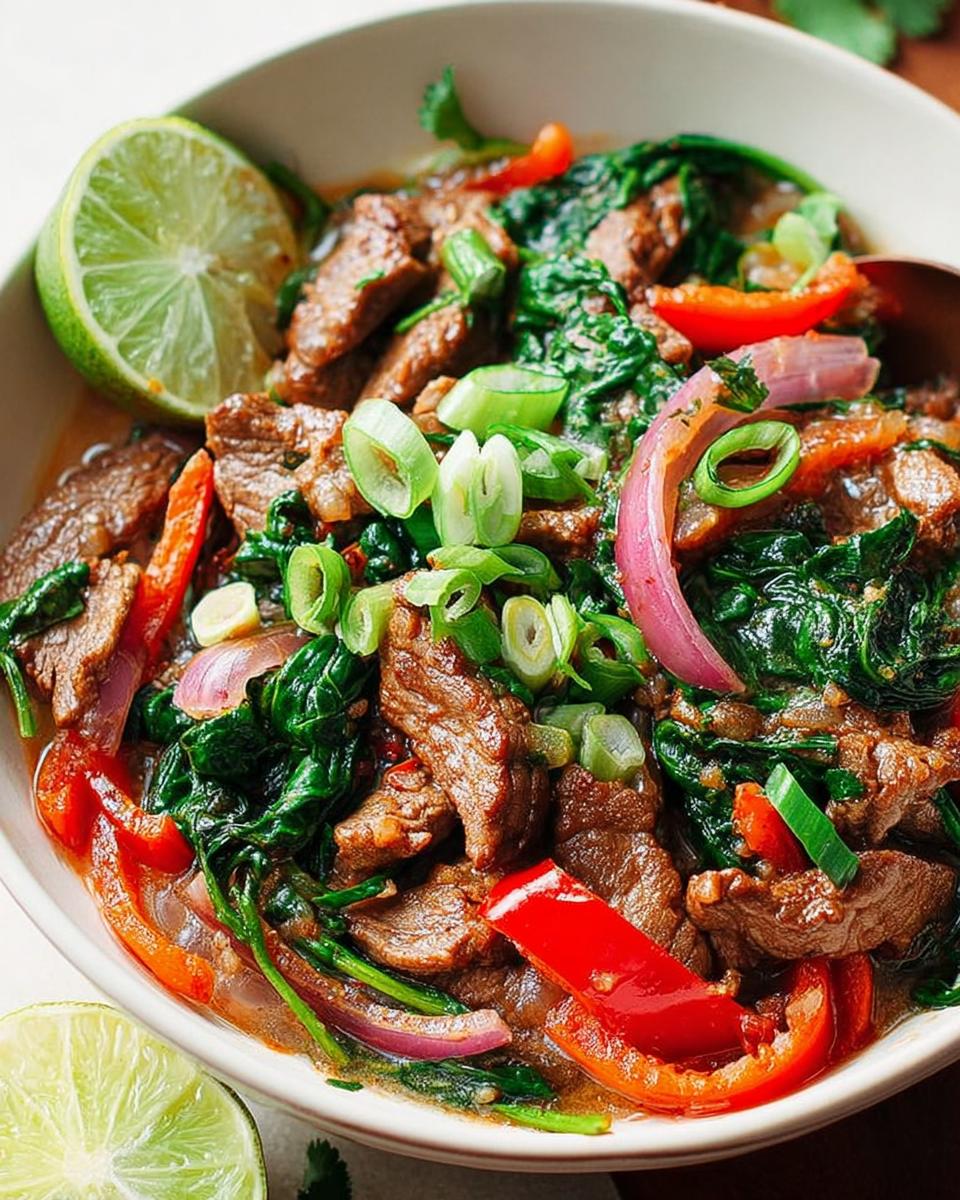 A close-up of a delicious beef and spinach stir-fry with red peppers, onions, and lime wedges, perfect for easy dinner recipes.