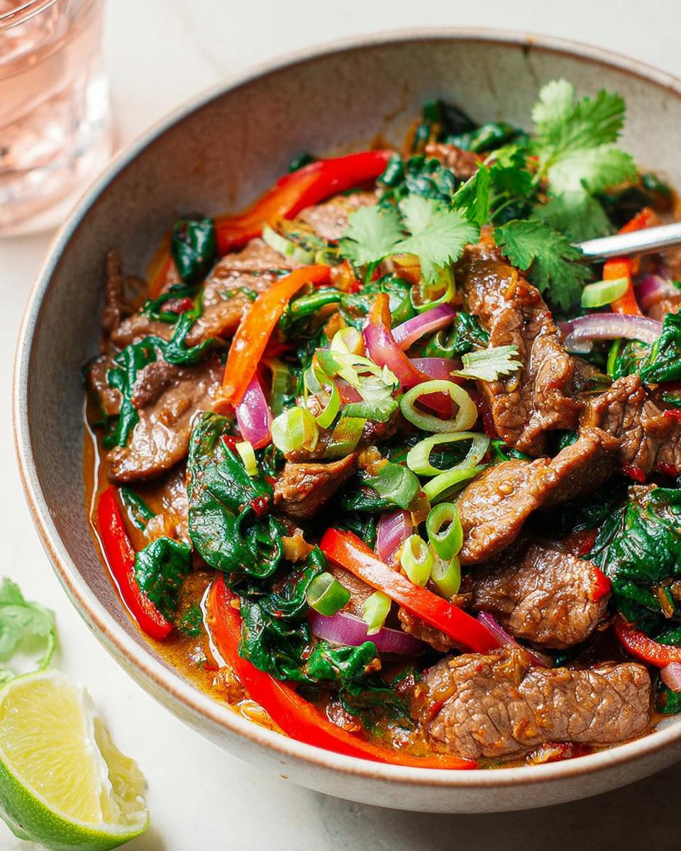 A close-up of a delicious beef and spinach stir-fry with red bell peppers and onions, perfect for easy dinner recipes.