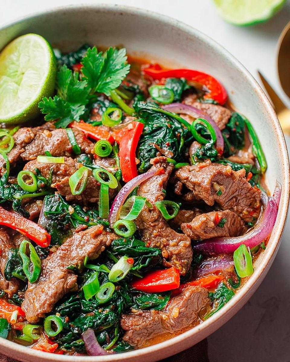 Close-up of a bowl filled with an easy beef and spinach stir-fry, featuring tender beef strips, vibrant spinach, red bell peppers, and red onion, garnished with lime and green onions.