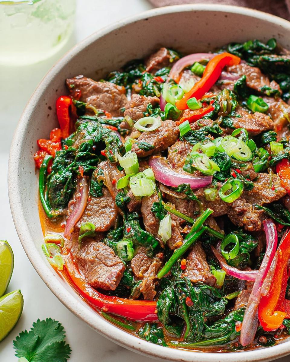 Close-up of an easy beef and spinach stir-fry with red peppers, onions, and green onions.