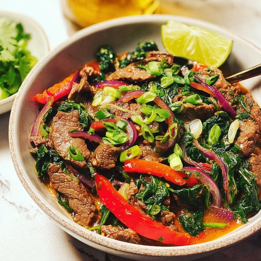 A bowl of easy beef and vegetable stir-fry with red peppers, onions, and greens, garnished with lime.