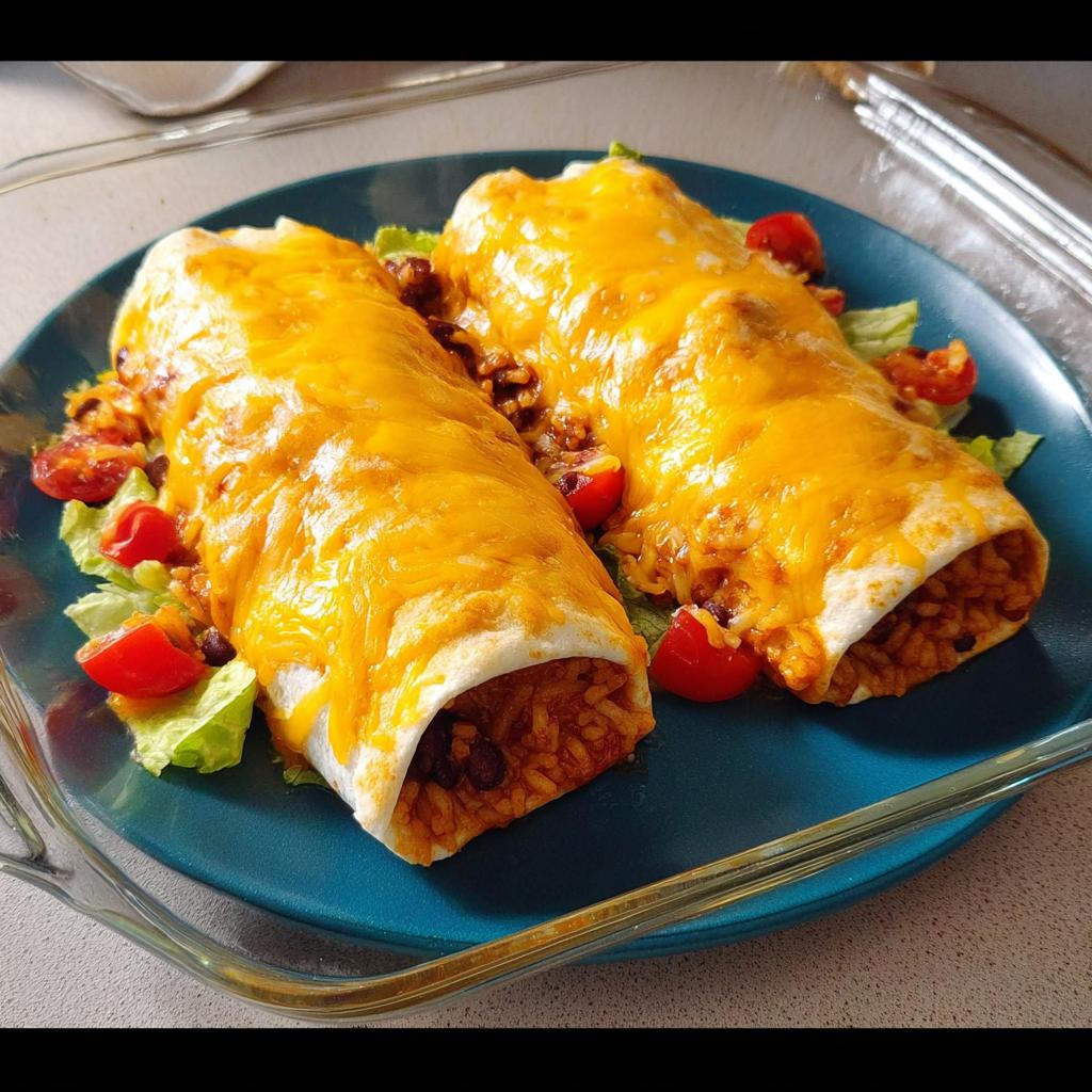 Two cheesy baked burritos served with lettuce and cherry tomatoes, a perfect easy dinner recipe.