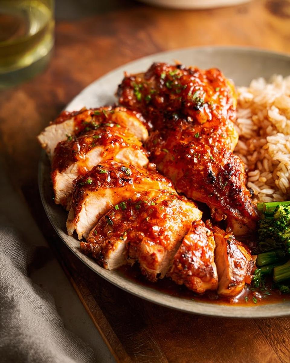 Close-up of sliced glazed chicken breast served with brown rice and steamed broccoli, a perfect easy dinner recipe.