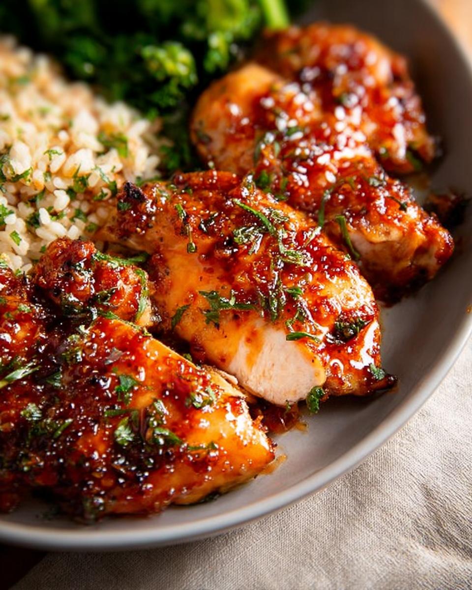 Close-up of glazed chicken pieces served with rice and broccoli, a perfect easy dinner recipe.