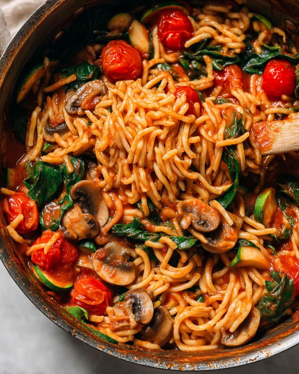 Close-up of a one-pot pasta dish with cherry tomatoes, zucchini, mushrooms, and spinach.