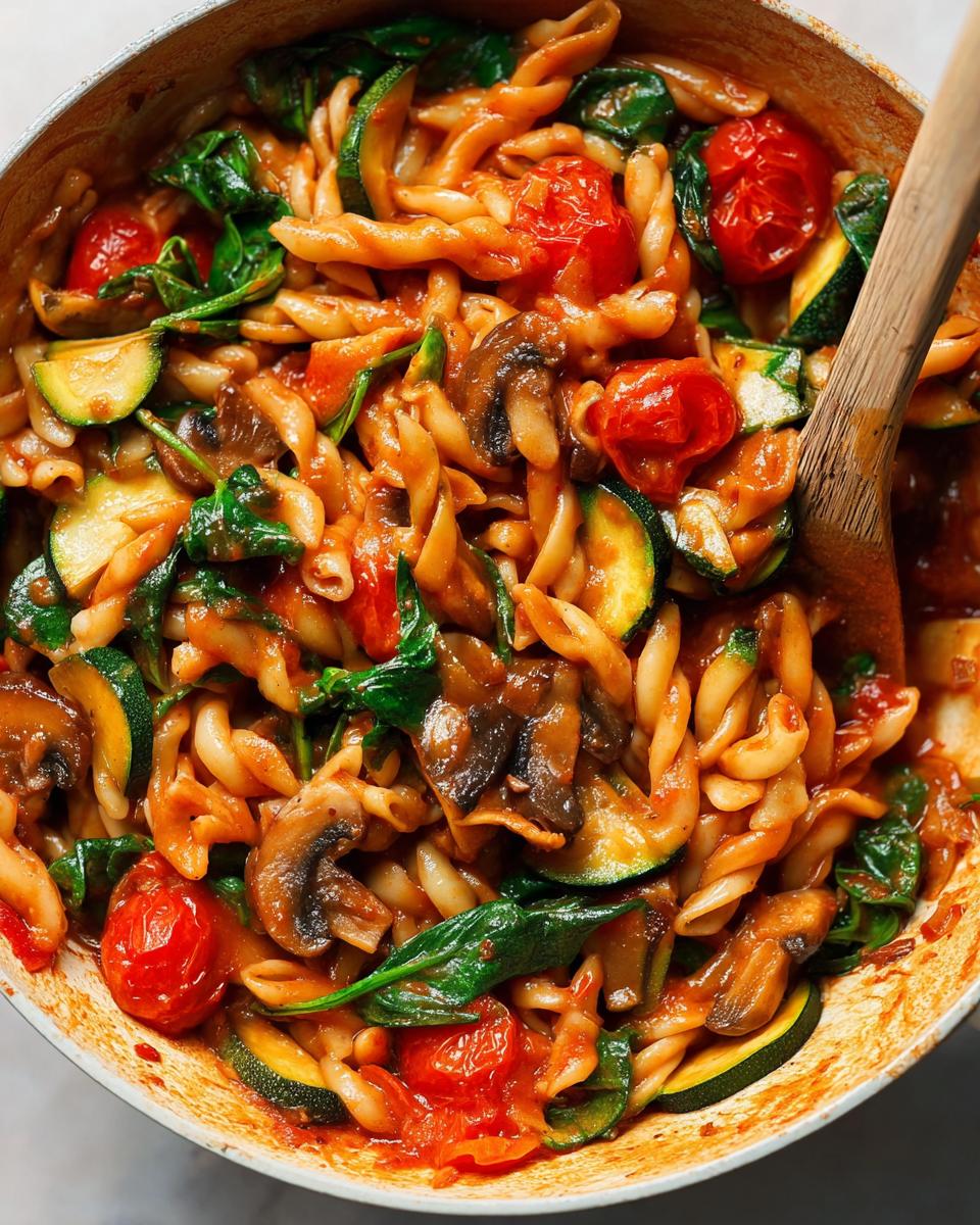 Close-up of a one-pot pasta dish with fusilli, zucchini, cherry tomatoes, mushrooms, and spinach.
