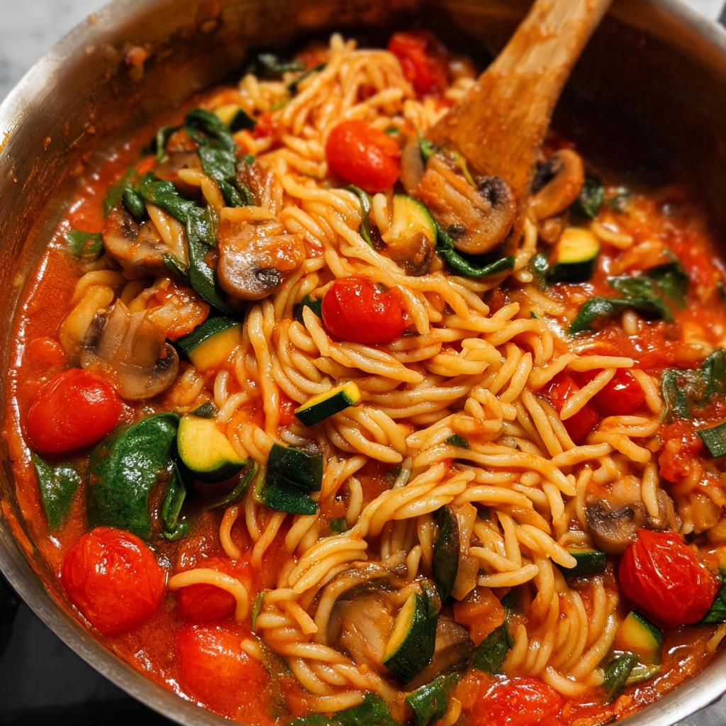 Close-up of a one-pot pasta dish with cherry tomatoes, zucchini, mushrooms, and spinach in a rich tomato sauce.