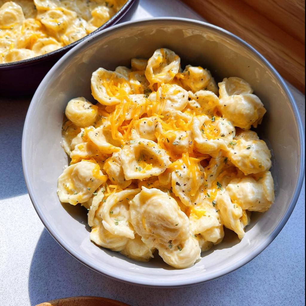 A bowl of creamy orecchiette pasta topped with shredded cheese and herbs, showcasing an easy dinner recipe.