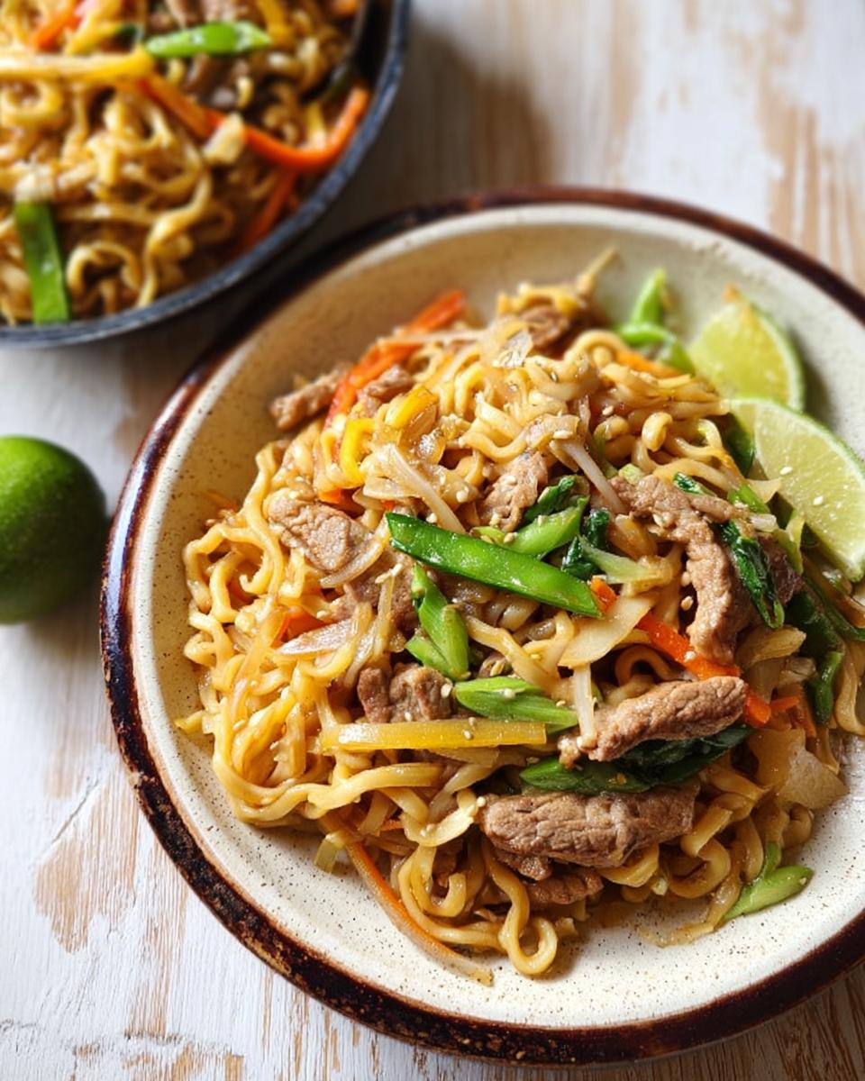 A close-up of a delicious beef and noodle stir-fry with vegetables, served in a bowl with lime wedges. This is one of the easy dinner recipes.