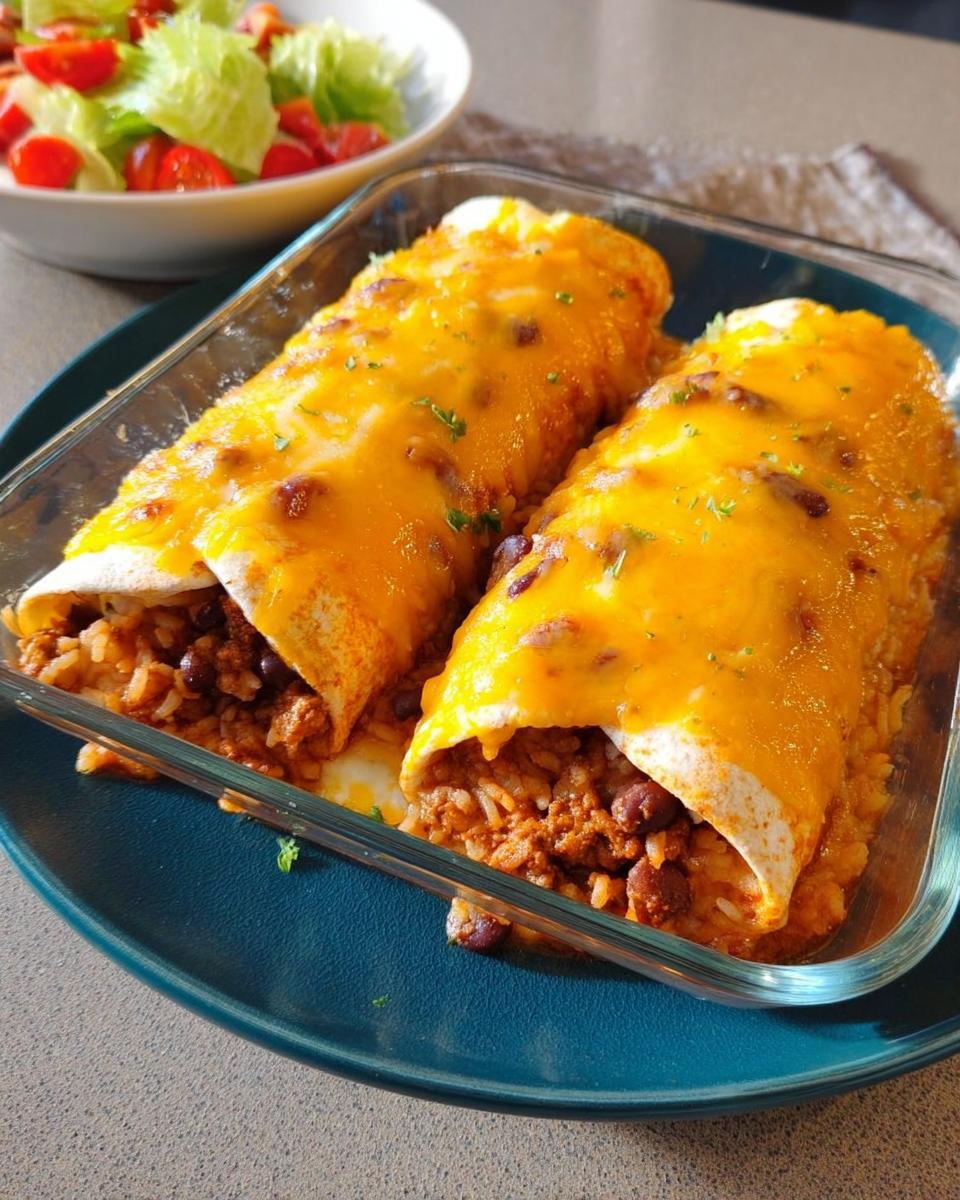 Two cheesy baked burritos filled with rice and beans, served in a glass baking dish with a side salad.
