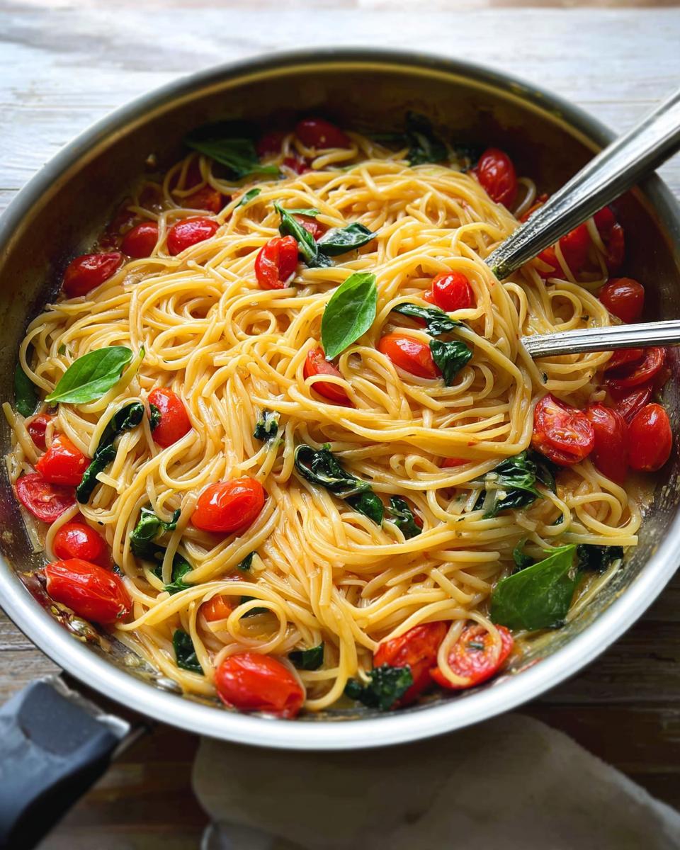 A close-up of a pan filled with spaghetti, cherry tomatoes, and fresh basil, showcasing easy dinner recipes meal prep.