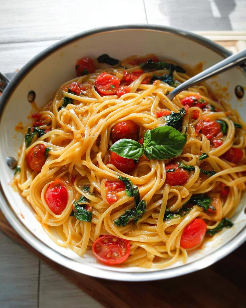 A bowl of linguine pasta with cherry tomatoes and fresh basil, part of Easy Dinner Recipes Meal Prep.