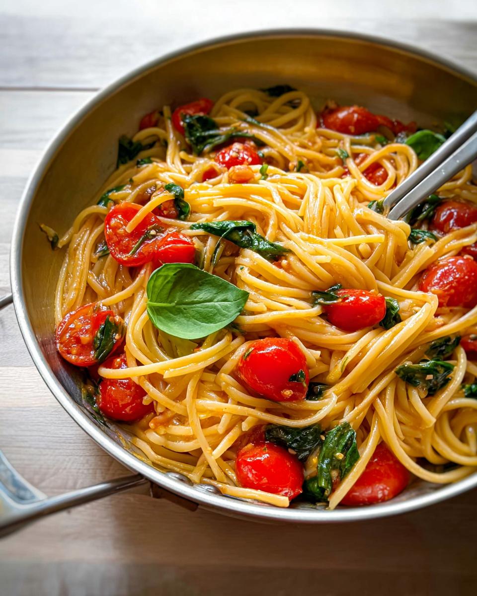 Close-up of spaghetti pasta with cherry tomatoes and spinach, part of easy dinner recipes meal prep.