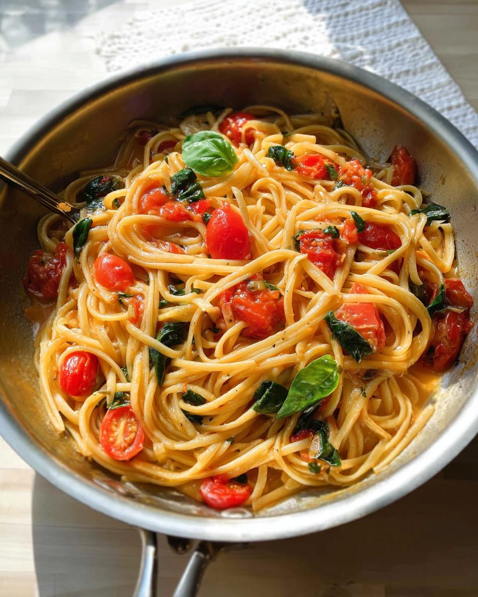 Close-up of linguine pasta tossed with cherry tomatoes and fresh basil, part of easy dinner recipes meal prep.