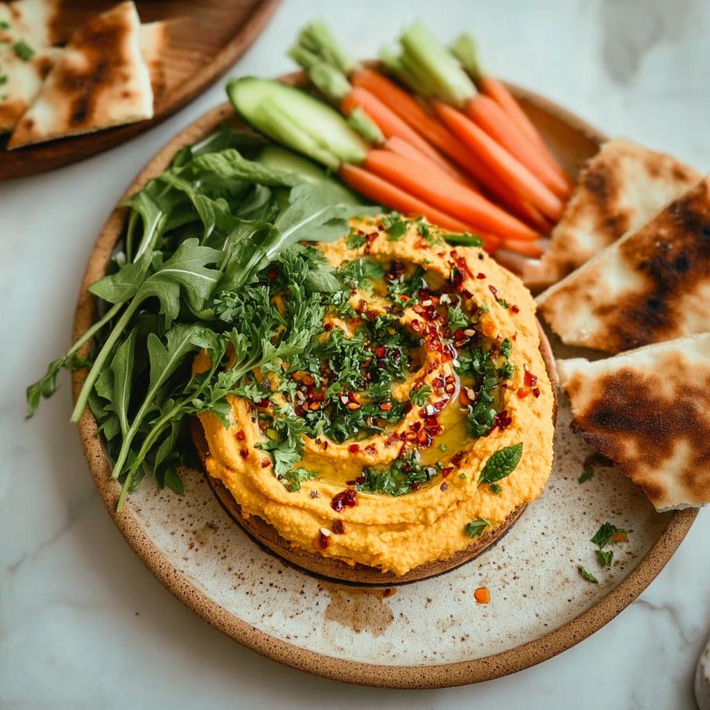 A vibrant bowl of creamy hummus topped with herbs and chili flakes, served with pita bread and fresh vegetables for dipping.