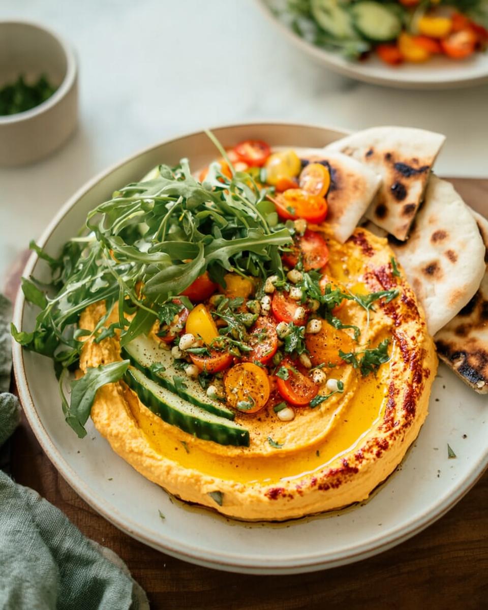A vibrant bowl of easy hummus topped with cherry tomatoes, cucumber, arugula, and served with pita bread.