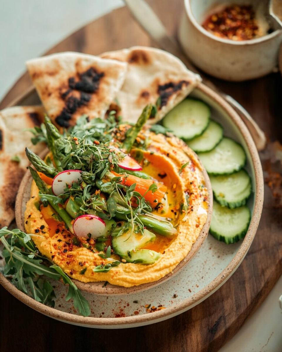 A vibrant bowl of hummus topped with roasted asparagus, carrots, and radishes, served with pita bread and cucumber slices. Perfect for easy dinner recipes.