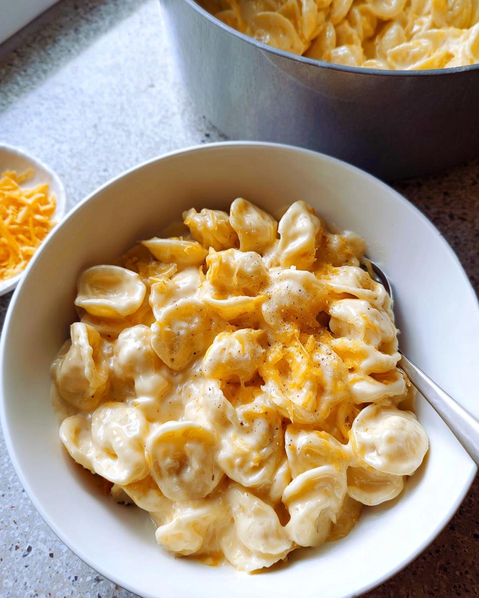 A bowl of creamy Orecchiette pasta with cheese sauce, a simple yet delicious easy dinner recipe.