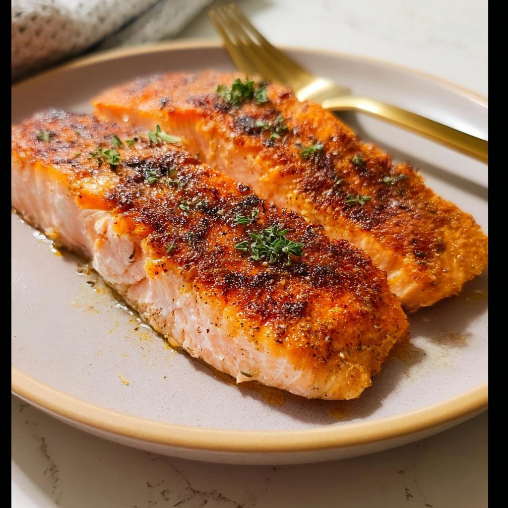 Two perfectly cooked salmon fillets with a crispy crust, seasoned and garnished with herbs, served on a plate.