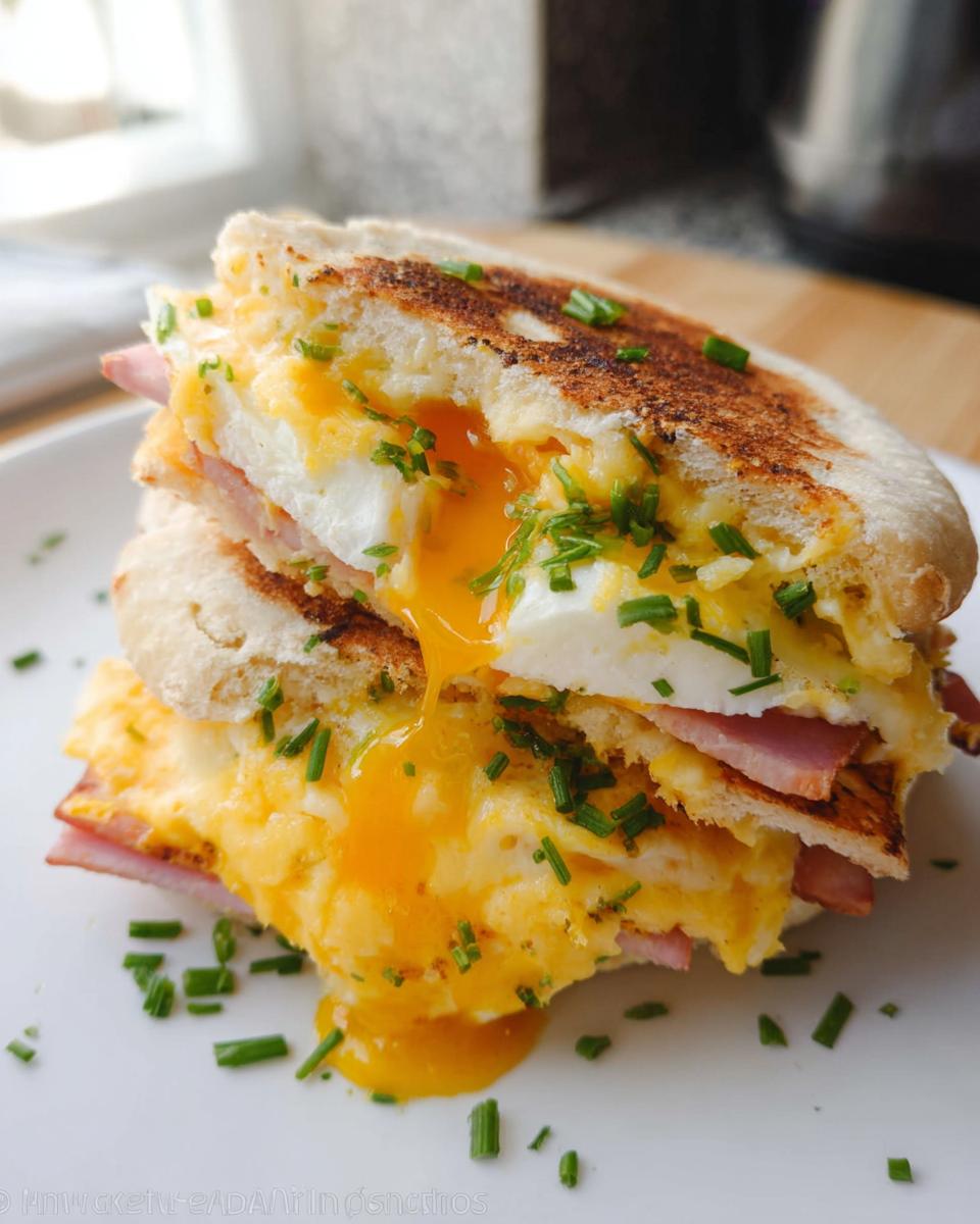Close-up of a breakfast sandwich with runny egg yolk, ham, and chives, showcasing sandwich ideas recipes.
