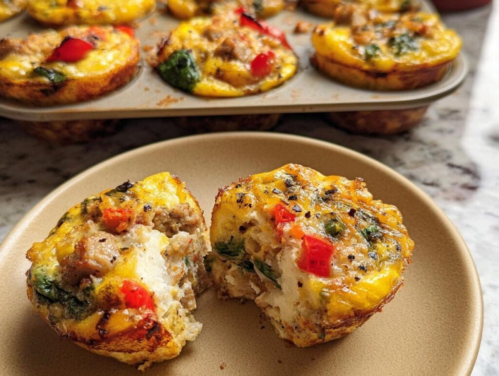Close-up of a broken egg muffin, revealing sausage, peppers, and spinach, part of a batch of egg recipes meal prep.