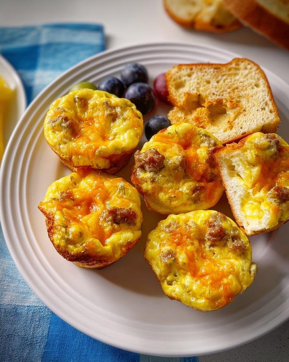 A plate of delicious egg muffins with sausage and cheese, served with toast and blueberries, perfect for 20-Ingredient Breakfast Ideas.