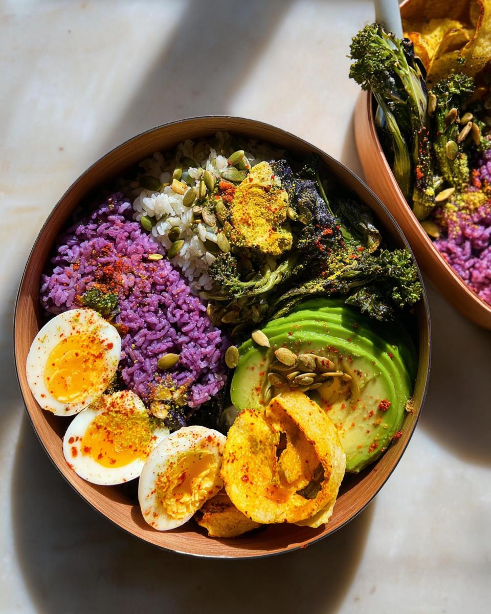 A vibrant bowl featuring hard-boiled eggs, purple rice, avocado slices, roasted broccoli, and crispy chips, part of The Ultimate Egg Recipes Guide.