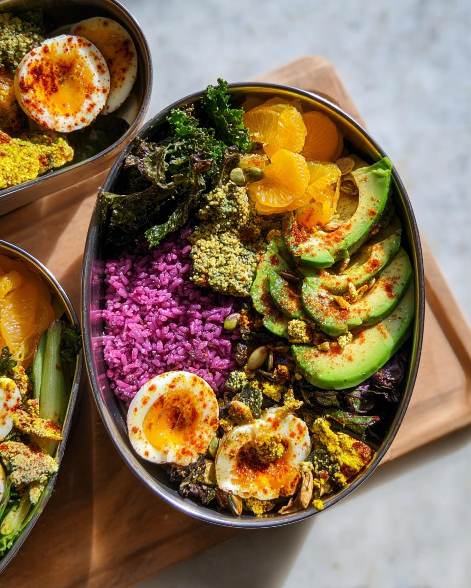 A vibrant and healthy bowl featuring perfectly cooked eggs, purple rice, avocado, and kale, part of The Ultimate Egg Recipes Guide for Beginners.