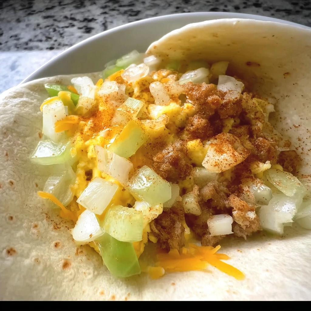 Close-up of a breakfast burrito filled with scrambled eggs, cheese, onions, and sausage, seasoned with paprika.