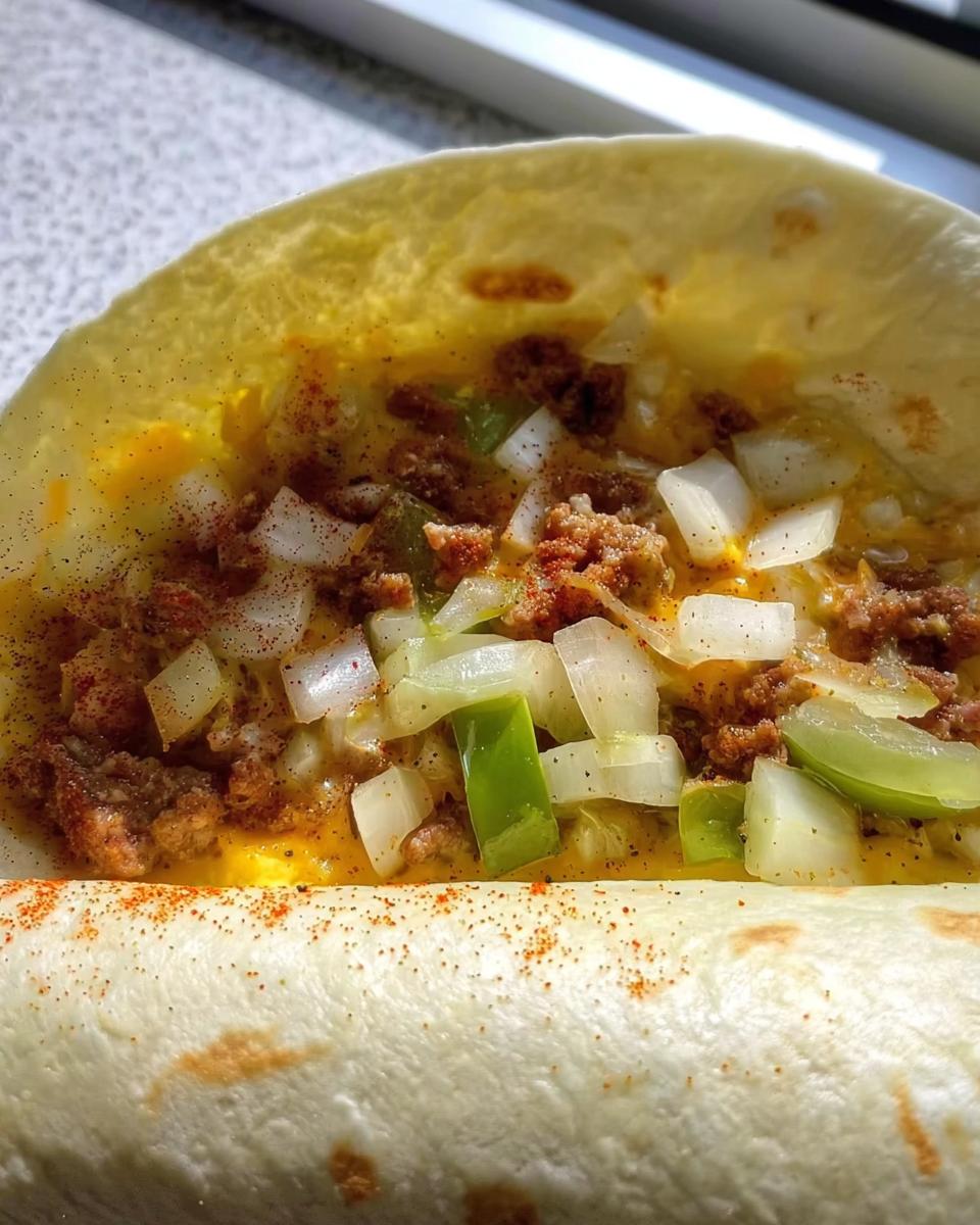 Close-up of a breakfast burrito filled with scrambled eggs, seasoned ground meat, diced onions, and green peppers.