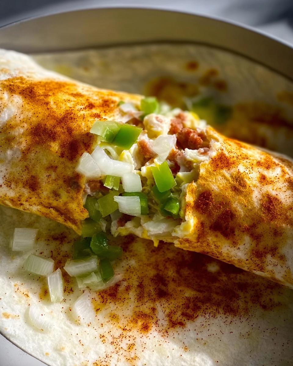 Close-up of a breakfast burrito, showing a filling of scrambled eggs, diced green peppers, onions, and a sprinkle of paprika.