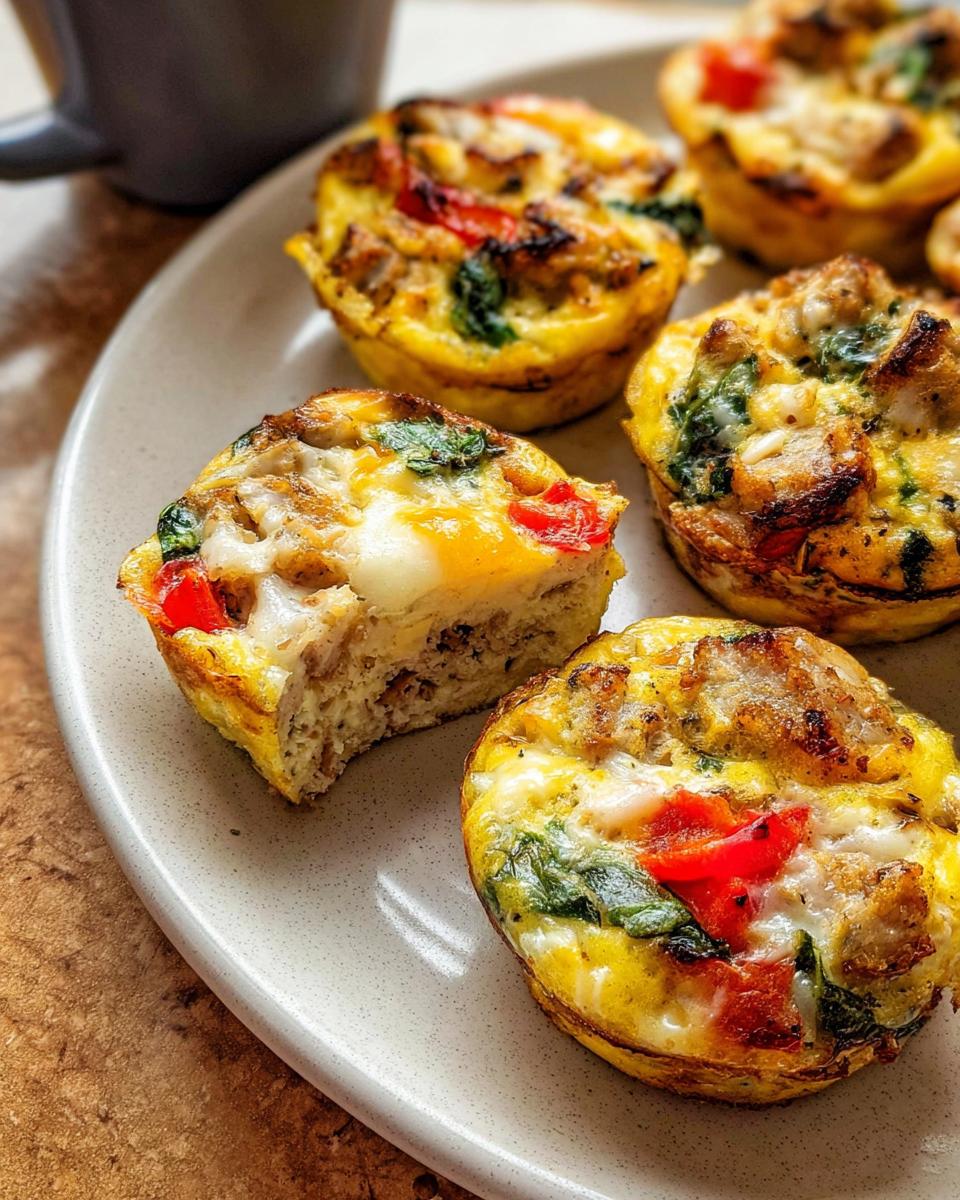 Close-up of delicious egg recipes meal prep muffins with sausage, spinach, and red peppers.