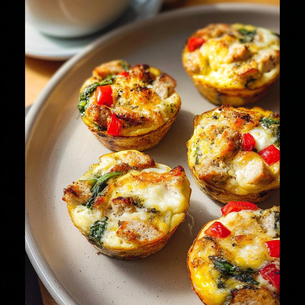 Close-up of savory egg muffins with sausage, spinach, and red peppers, perfect for meal prep.