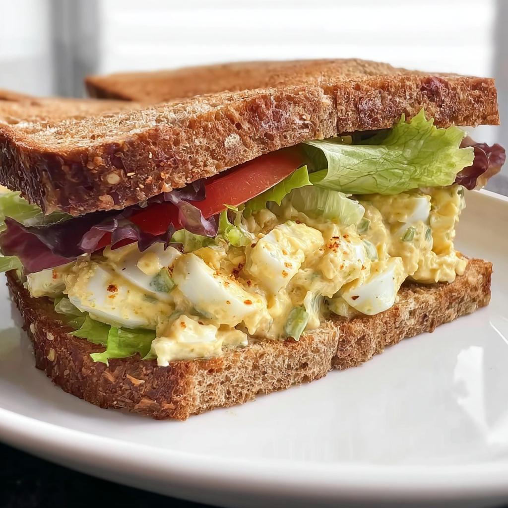 A delicious egg salad sandwich on whole wheat bread, featuring lettuce, tomato, and a sprinkle of paprika.