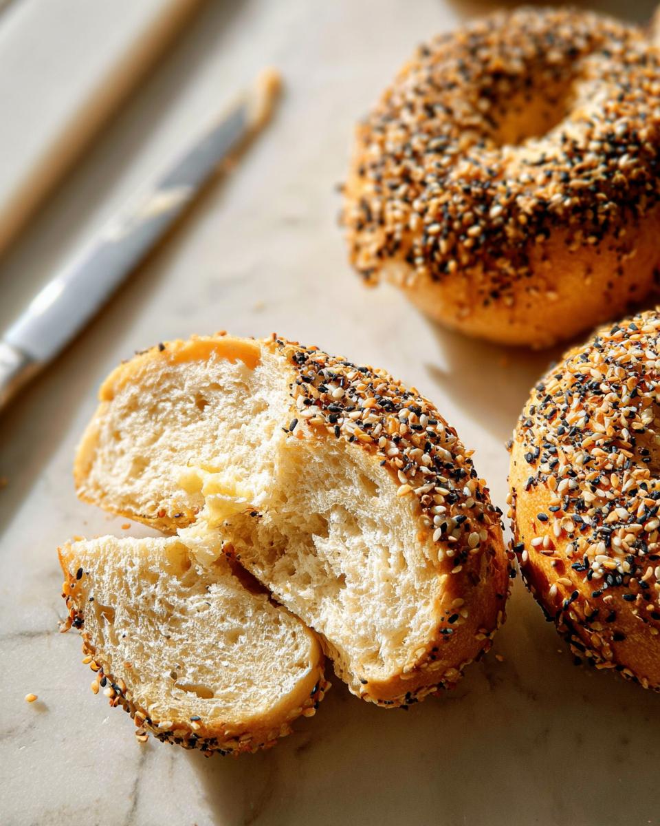 Close-up of an everything bagel sliced in half with butter, featuring a variety of seeds. Part of 15 Genius Breakfast Ideas Recipes Ideas for Busy Weeknights.
