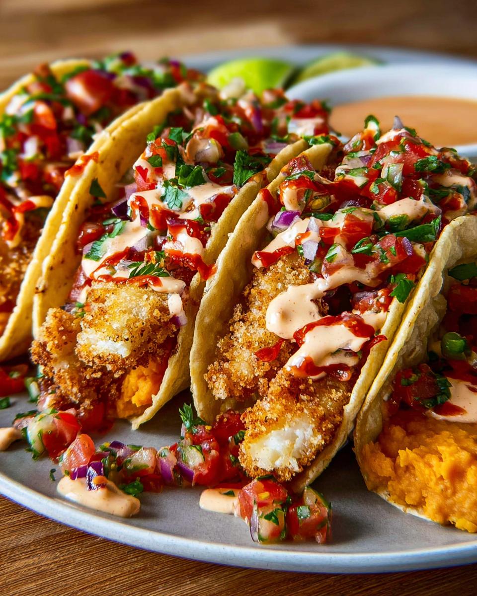 Close-up of crispy fish tacos with pico de gallo, crema, and a sweet potato mash, perfect for Taco Tuesday recipes.